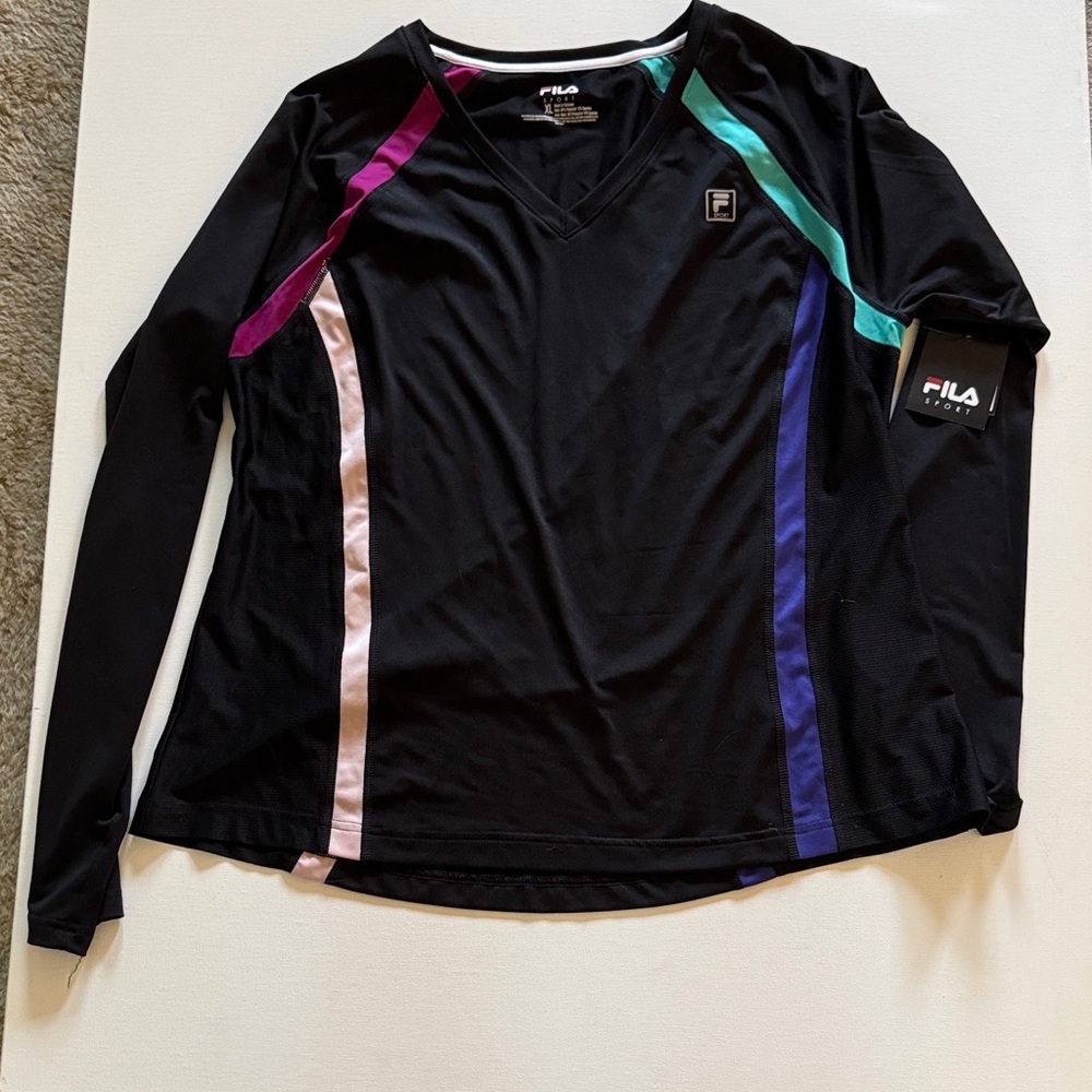 FILA Black Long-Sleeve V-Neck Top with Teal, Purple, Pink Accents